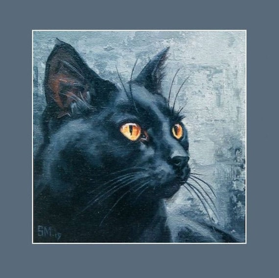 ペットの肖像画、オリジナルの猫の油絵、猫の肖像画、黒猫、猫の絵画