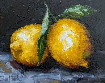 レモン オリジナルアート 6x6 S. Lee Mark 作 静物画油絵 フルーツ