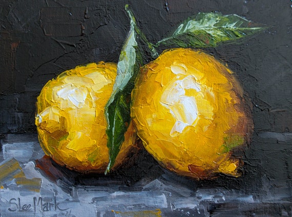 Lemon Original art 6x8 by S. Lee Mark - Impasto Stil life oil painting Fruit art Fruit still life Fruit painting Citrus art