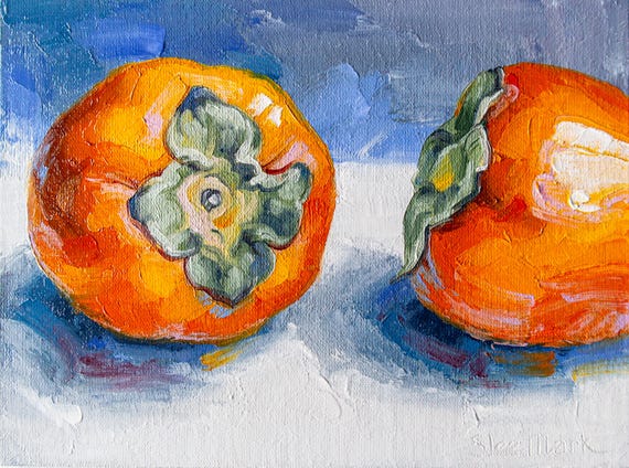 Persimmon Original art 6x8 by S. Lee Mark - Stil life oil painting Fruit art Fruit still life Fruit painting Citrus art