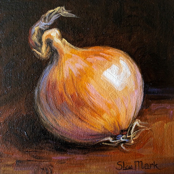 Onion Original art 6x6 by S. Lee Mark - Stil life oil painting Fruit art Vegetable still life painting Small artwork Kitchen Decor