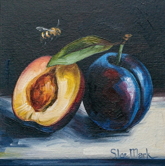 Plums with a bee Original art 6x6 by S. Lee Mark Stil life oil painting Fruit art Vegetable still life painting Small artwork Kitchen Decor