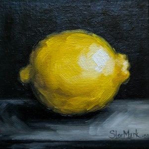 Lemon Original art 6x6 by S. Lee Mark - Stil life oil painting Fruit art Fruit still life Fruit painting Home Living Décor Wall Hangings