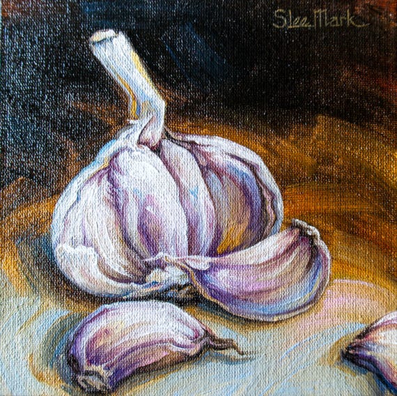 Garlic Original art 6x6 by S. Lee Mark - Stil life oil painting Fruit art Vegetable still life painting Small artwork Kitchen Decor