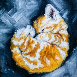 Cat Ball Original art 6"x6" by S. Lee Mark Cat oil painting, Pet portrait, Ginger cat, Cat portrait, Animal painting, Animal art