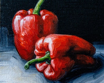 Red pepper Original art 6" S. Lee Mark Fruit Stil life oil painting Fruit art Vegetables painting Pepper art Home Living Decor Wall