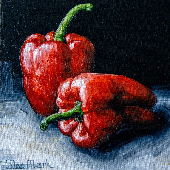 Red pepper Original art 6" S. Lee Mark Fruit Stil life oil painting Fruit art Vegetables painting Pepper art Home Living Decor Wall