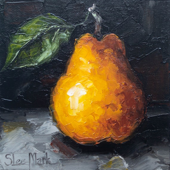 Pear Original art 6x6 by S. Lee Mark - Stil life oil painting Fruit art Vegetable still life painting Small artwork Kitchen Decor