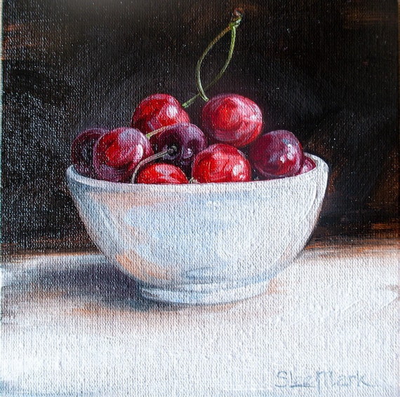Plate cherries Original art 6x6 by S. Lee Mark Stil life oil painting Fruit art still life Cherry art Home Living Home Wall Décor Paintings