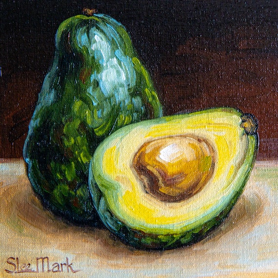 Avocado Original art 6" S. Lee Mark Fruit Stil life oil painting Fruit art Vegetables painting Avocado art Home Living Decor Wall