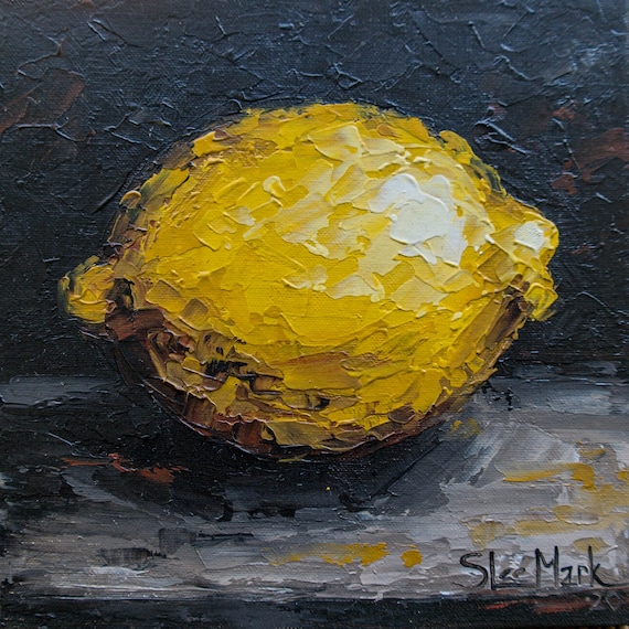 Lemon Original Oil Painting 6x6 by S. Lee Mark - Fruit Still Life Citrus Art Kitchen Wall Decor Fruit art Fruit painting Citrus art
