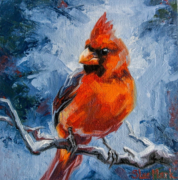 Red cardinal Original art 6" by S. Lee Mark oil painting Pet portrait Cardinal Animal art Home & Living Home Wall Décor Paintings