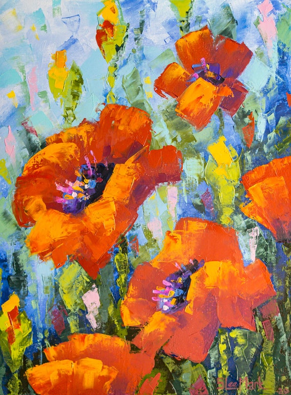 Poppies Original art 16" by S. Lee Mark - Flowers Still Life Art Poppies Flowers art Home Décor Wall Hangings Paintings Home & Living small