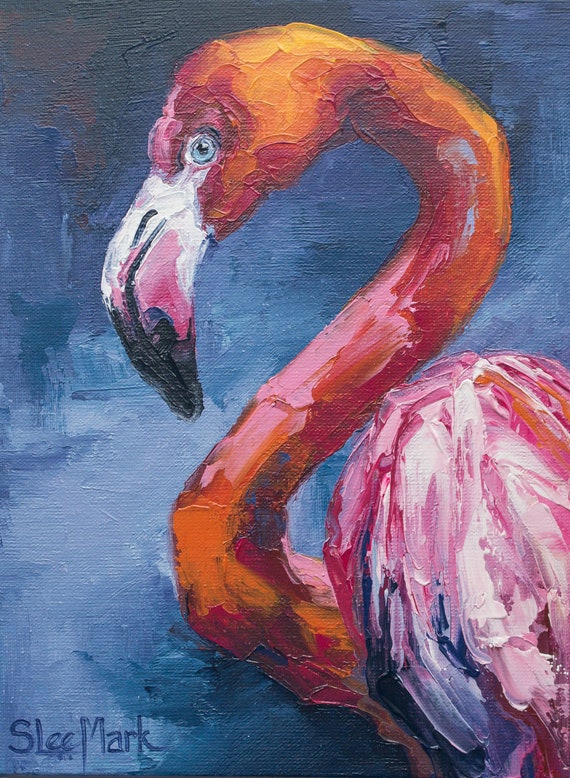Pink flamingo Original art 8" by S. Lee Mark Bird oil painting Pet portrait Animal art Home & Living Home Wall Décor Paintings Wall Hangings