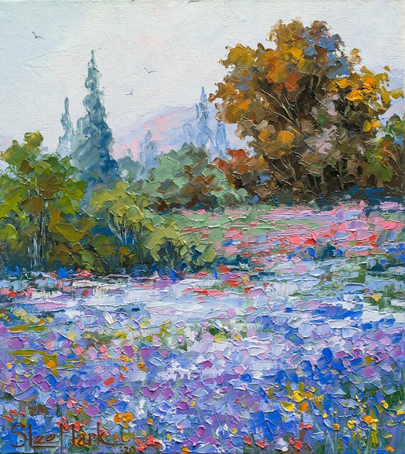 Flowers Original art 8" by S. Lee Mark - Flowers Still Life Art Flowers field art Home Décor Wall Hangings Paintings Home & Living small art