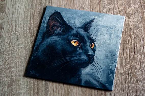 ペットの肖像画、オリジナルの猫の油絵、猫の肖像画、黒猫、猫の