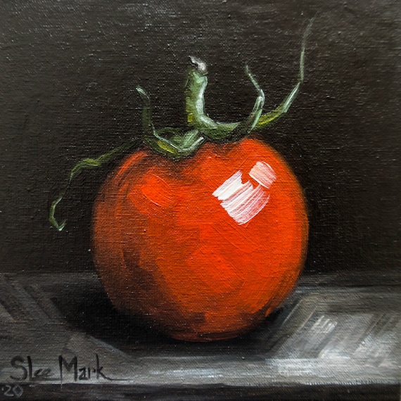 Tomato Original art 6x6 by S. Lee Mark - Stil life oil painting Fruit art Vegetable still life painting Small artwork Kitchen Decor