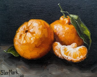 2+2 tangerine Original art 6x8 by S. Lee Mark - Stil life oil painting  Fruit art Fruit still life Fruit painting Citrus art