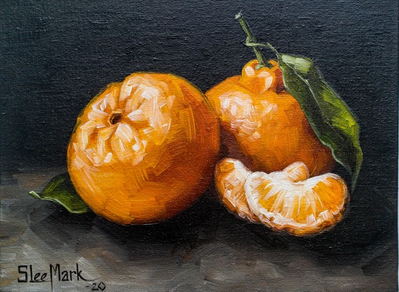2+2 tangerine Original art 6x8 by S. Lee Mark - Stil life oil painting Fruit art Fruit still life Fruit painting Citrus art