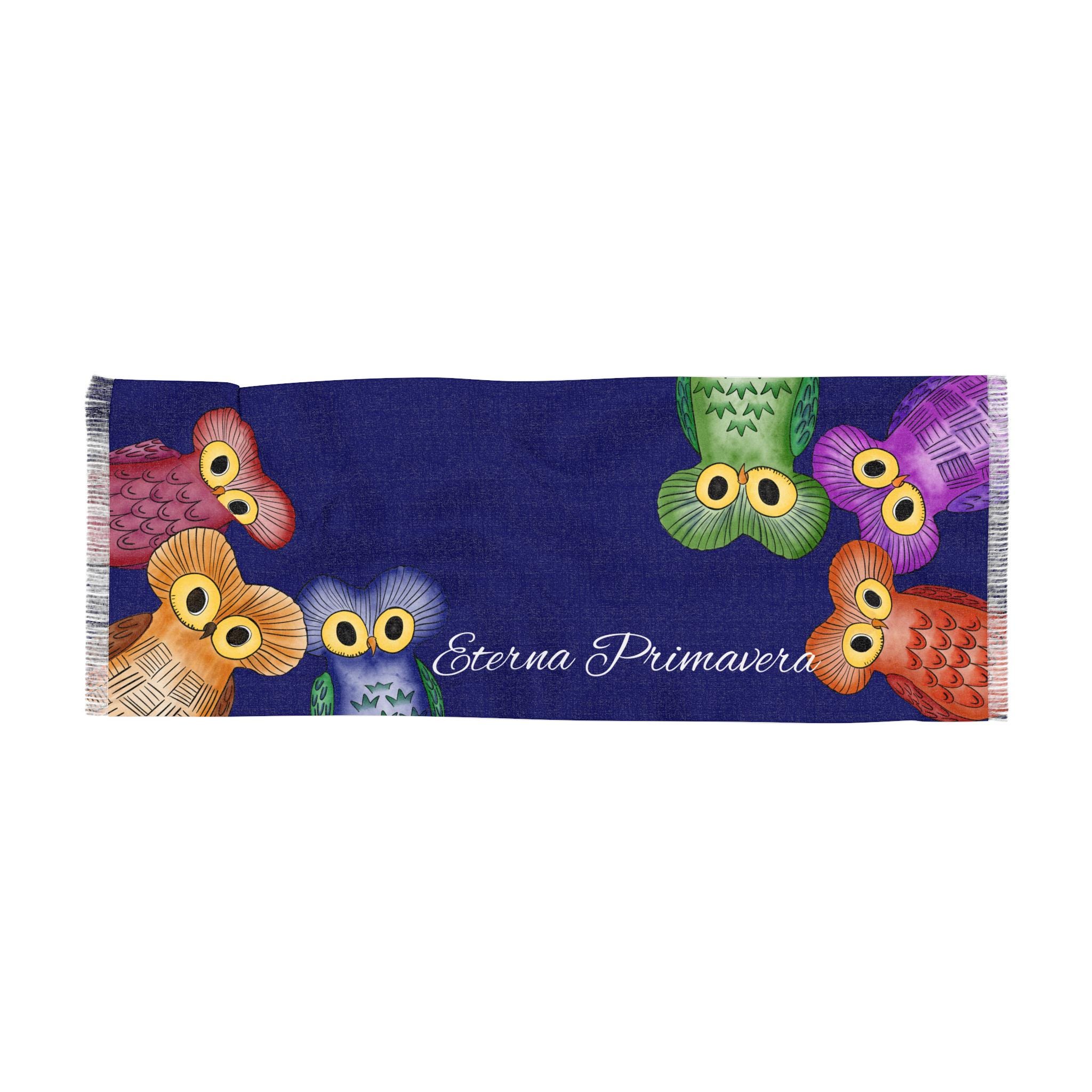Hand painted design light scarf with owls traditional art from Guatemala pashmina gift
