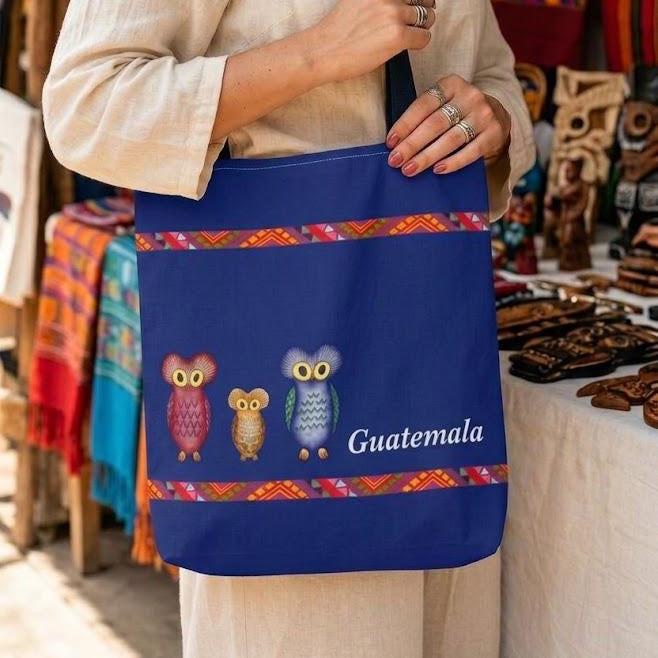 Guatemala tote bag featuring traditional owls hand painted design printed on reusable bag gift for o