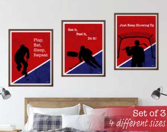 Hockey Wall Decor Prints Set of 3: Motivational Poster for Sport Lovers Digital Download Wall Art