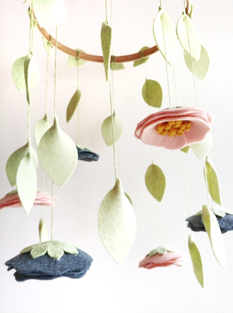 Pink and Navy Mobile Felt Flower Mobile Nursery Decor Etsy