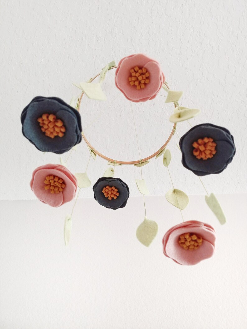 Pink and Navy Mobile Felt Flower Mobile Nursery Decor Etsy