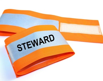 Printed "STEWARD" Reflective Armbands Wide Reflective Sports Safety Hi Visibility Wlaking ID Orange or Yellow