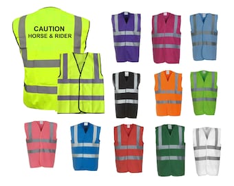 Printed Hi Visibility Reflective Vest "CAUTION HORSE & RIDER" - 6 Sizes in 12 Colours