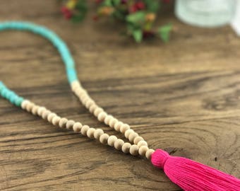Turquoise Wood Beaded Tassel Necklace, Beaded Tassel Necklace, Tassel Necklace, Wood Bead Tassel Necklace