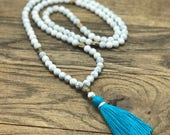 Mala Necklace 108, Mala Necklace With Tassel, Howlite Mala Necklace, Mala Tassel Necklace, Mala Tassel Blue, Mala Howlite Necklace