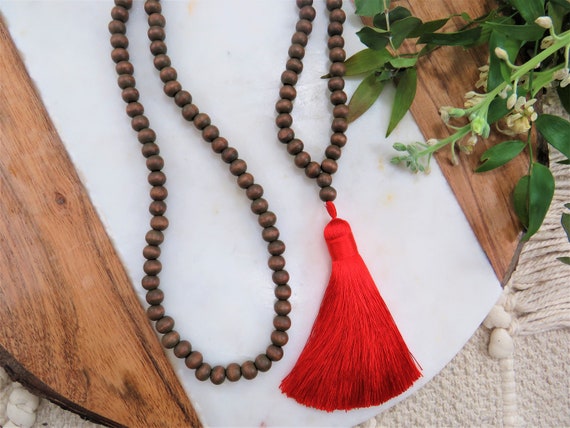 Wooden Bead Tassel Necklace, Beaded 
