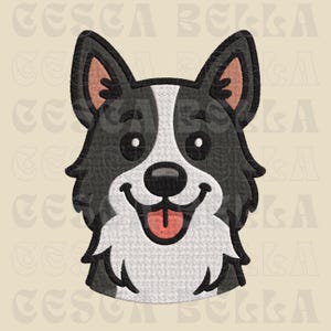 Könnte beinhalten: Gesticktes Bild eines lächelnden Hundegesichts mit schwarz-weißem Fell, rosa Innenohren und einer roten Zunge. Der Hund hat einen fröhlichen Ausdruck, mit einer schwarzen Nase und weißen Markierungen. Das Bild ist vor einem beigen Hintergrund.