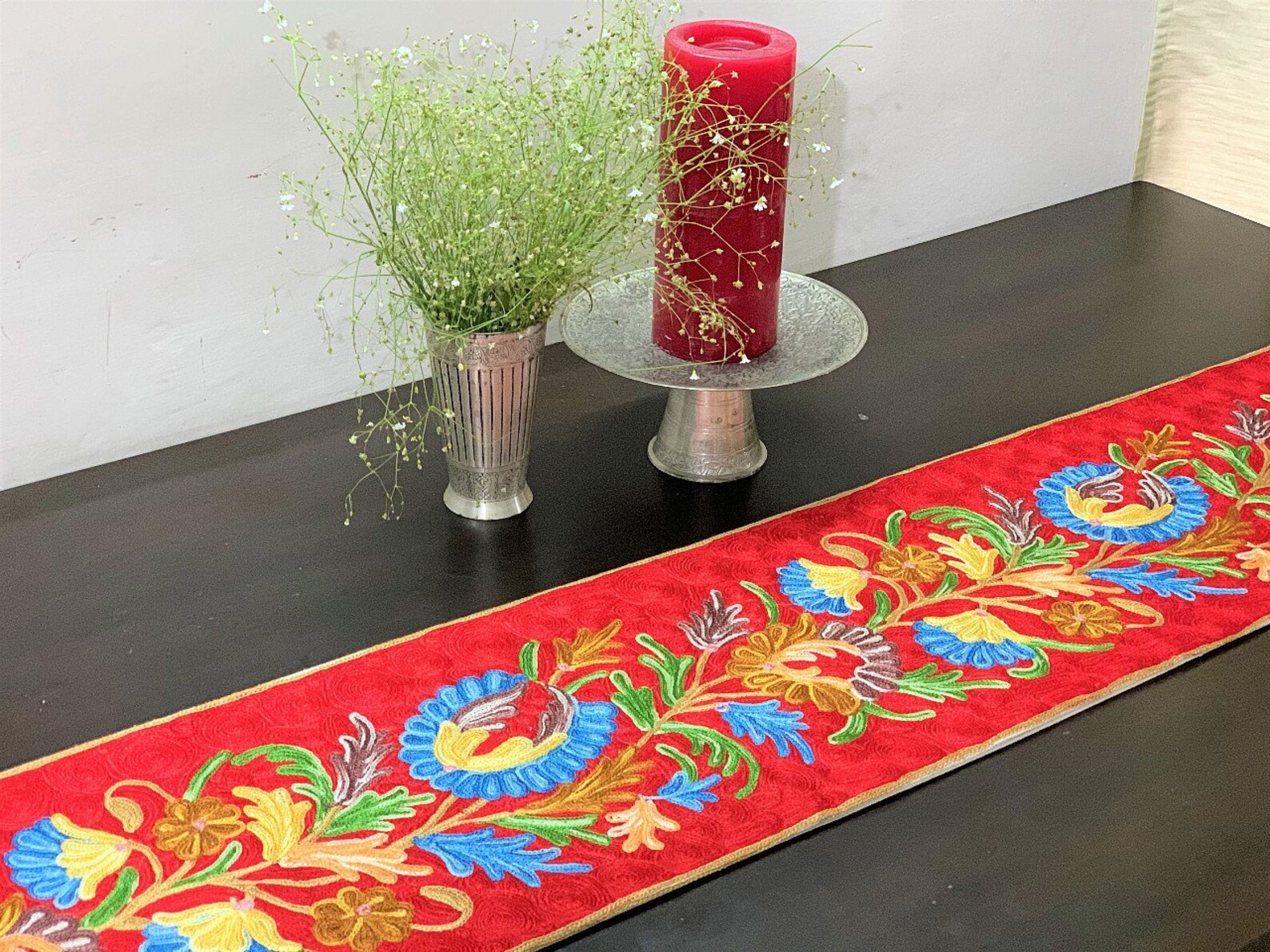 Hand Embroidered Table Runner White and Blue Table Rug Etsy