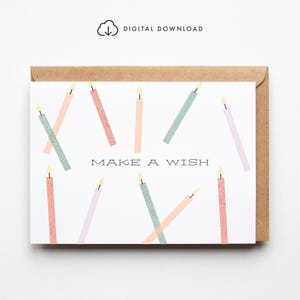 Tarjeta de felicitación imprimible - Tarjeta de cumpleaños con vela / Pide un deseo / Descarga digital