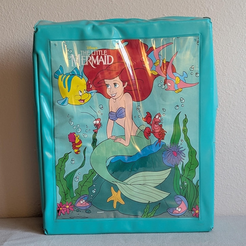 May include: A teal-framed, clear-windowed storage case featuring a colorful illustration of Ariel from Disney's "The Little Mermaid." Ariel, with red hair and a blue top, is surrounded by Flounder, Sebastian, and other sea creatures. The case has the movie title at the top.