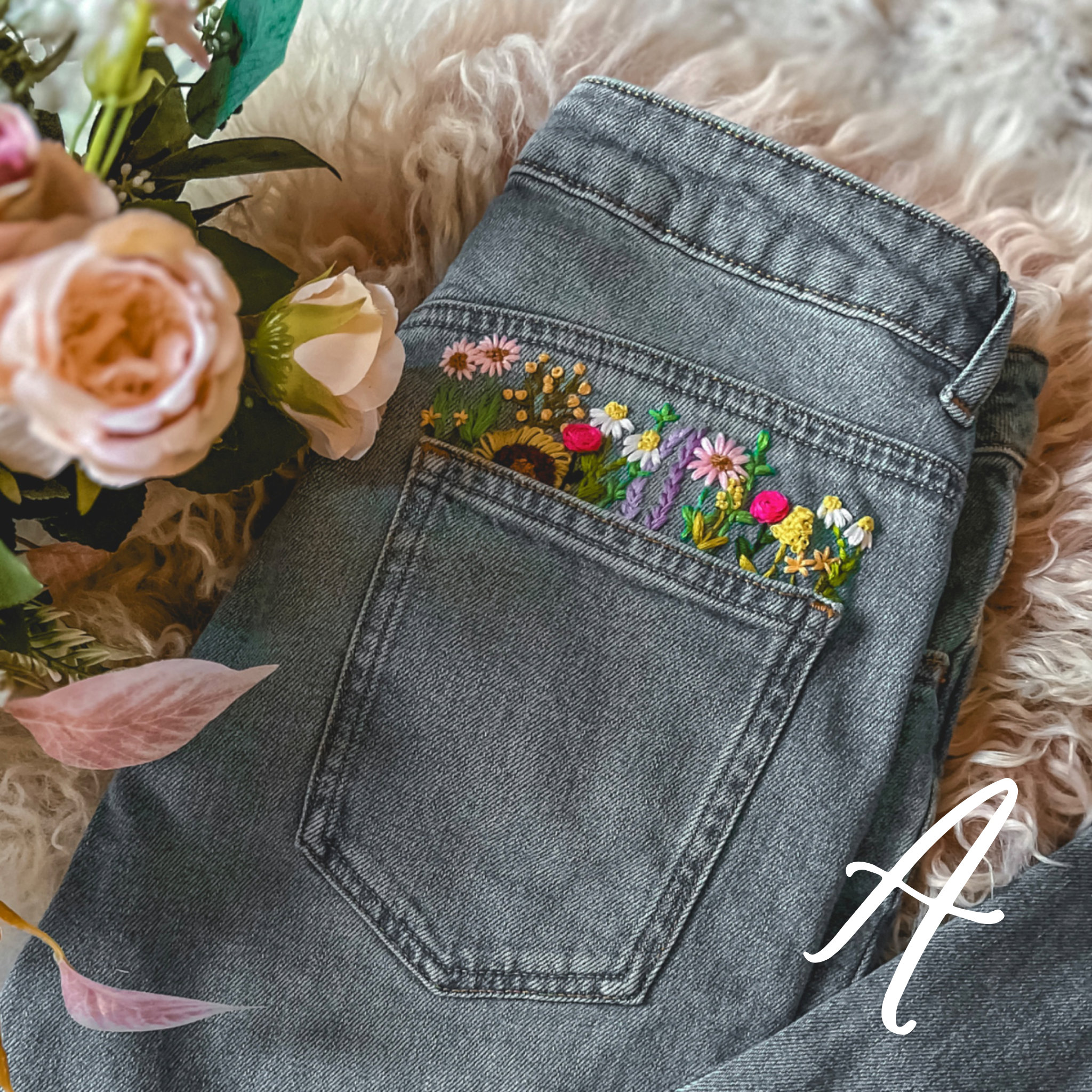 Hand embroidered Flower Pocket Jeans Etsy