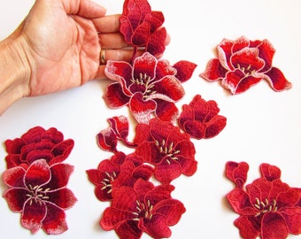 Set of 5 embroidered sewing flower appliques, Red peonies patches