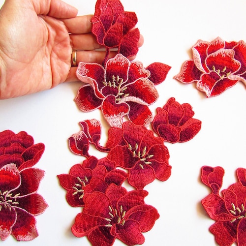 Set of 5 Embroidered Sewing Flower Appliques Red Poenies Etsy