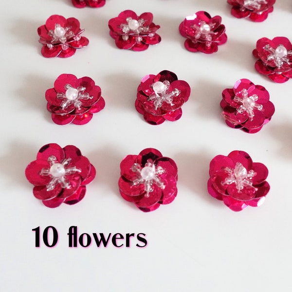 Lot de 10 appliqués floraux à coudre ROSE, patchs floraux à sequins 1,5 cm