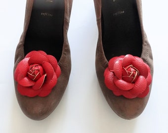 1 Pair of Flower Shoe Clips handmade faux / vegan leather