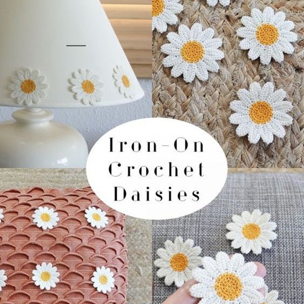 6 Iron-On Crocheted Flower Appliques Daisies for home Decor or clothes