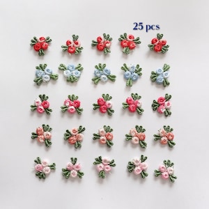 25 Small embroidered flower sew-on appliques - Mixed colours