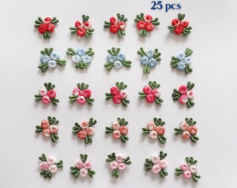 25 Small embroidered flower sew-on appliques - Mixed colours