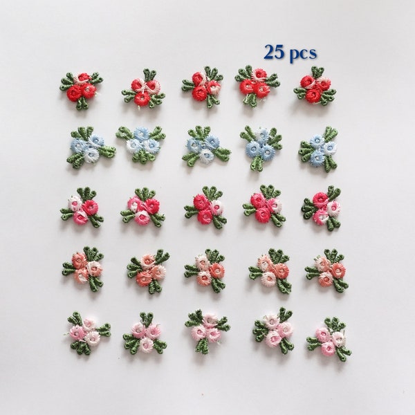 25 Small embroidered flower sew-on appliques - Mixed colours