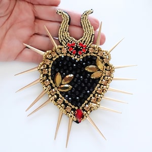 Sacred Heart Applique, Punk Rock Style Milagro, Maleficent black heart with horns and spikes patch