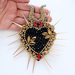 Sacred Heart Applique, Punk Rock Style Milagro, Maleficent black heart with horns and spikes patch