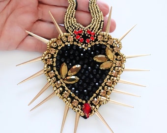 Sacred Heart Applique, Punk Rock Style Milagro, Maleficent black heart with horns and spikes patch