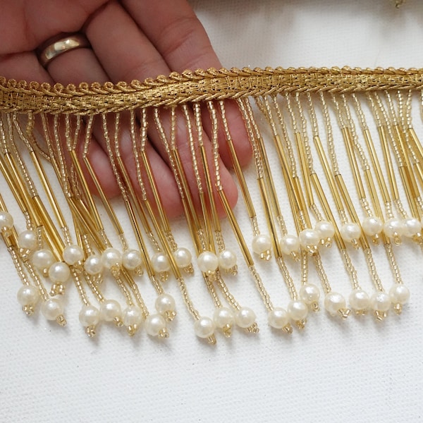 Beaded pearl fringe trim 8 cm sold by the yard